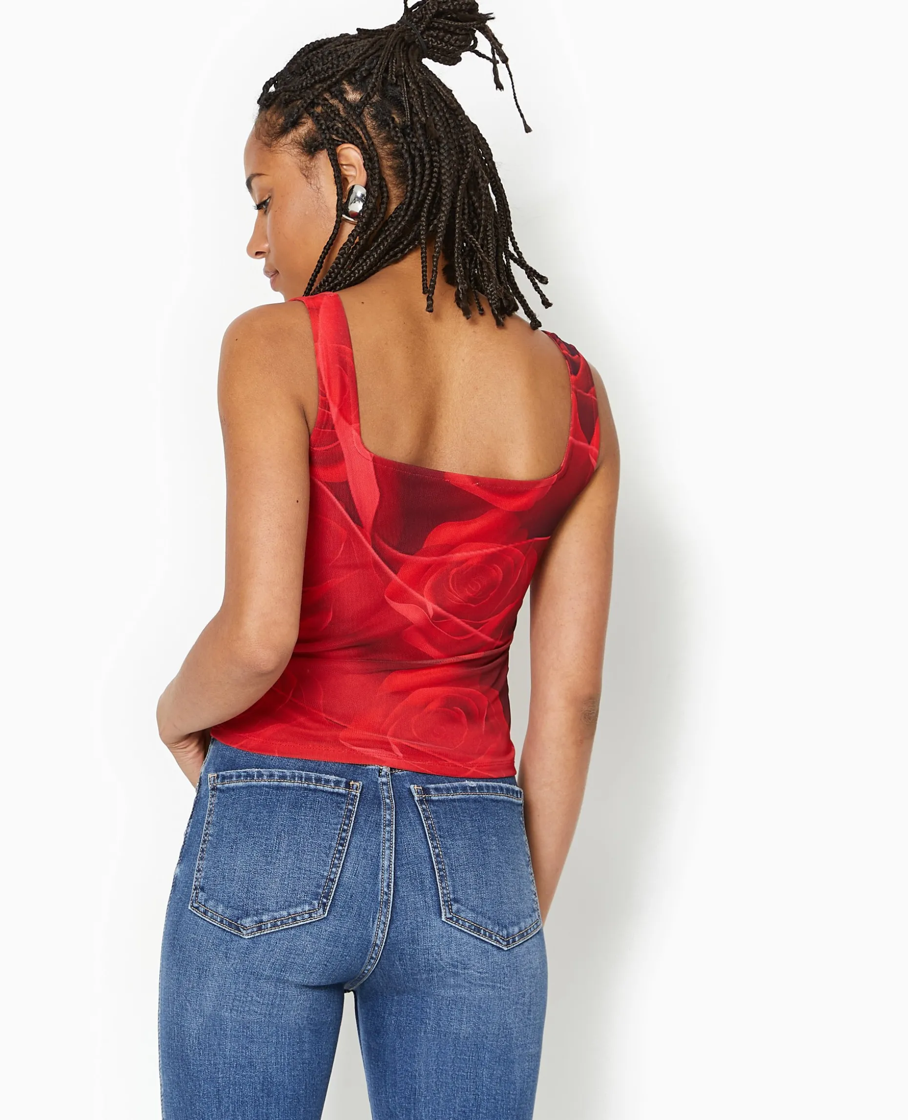 Débardeur En Mesh Motif Roses - Rouge