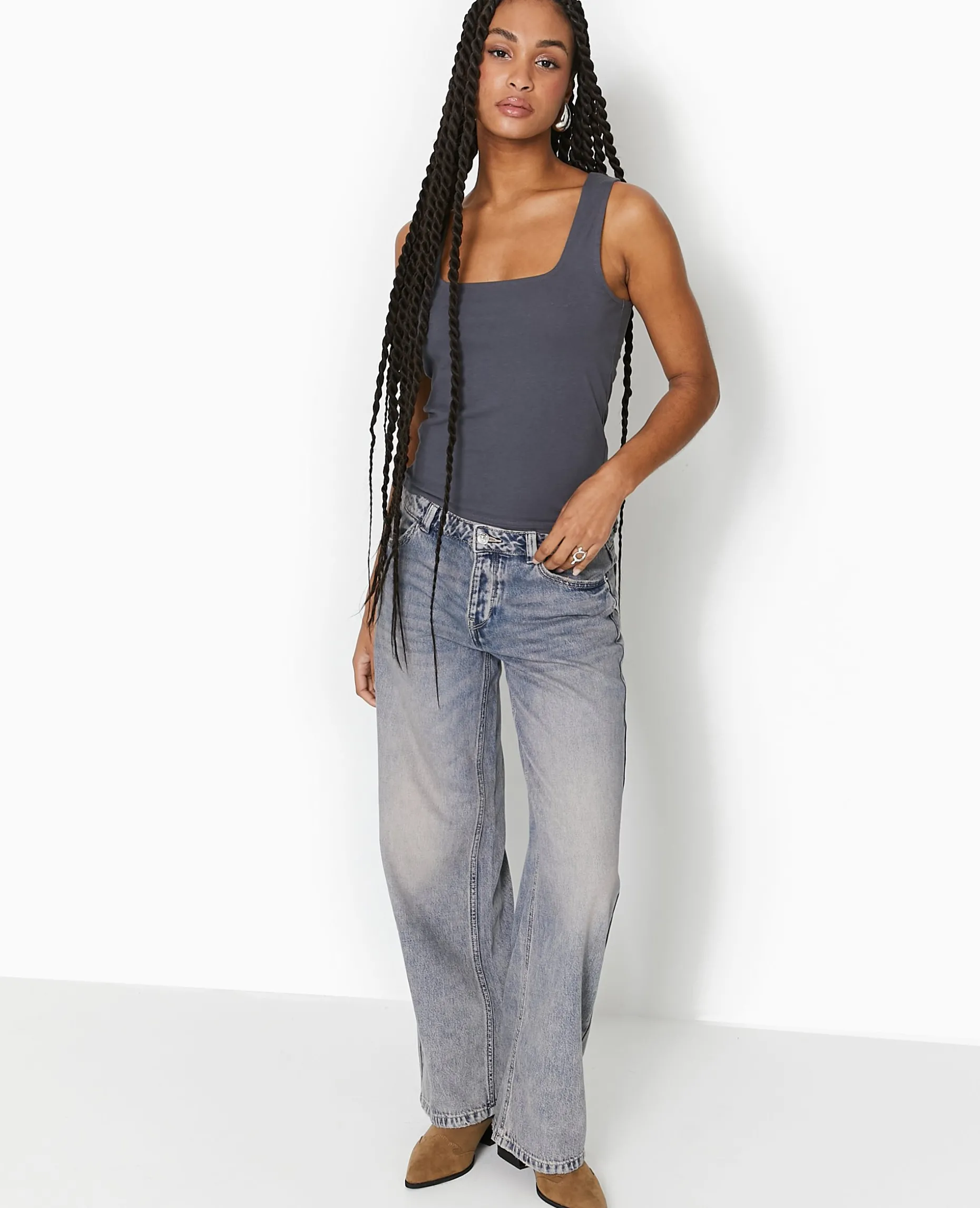 Débardeur Stretch Encolure Carrée - Gris Foncé