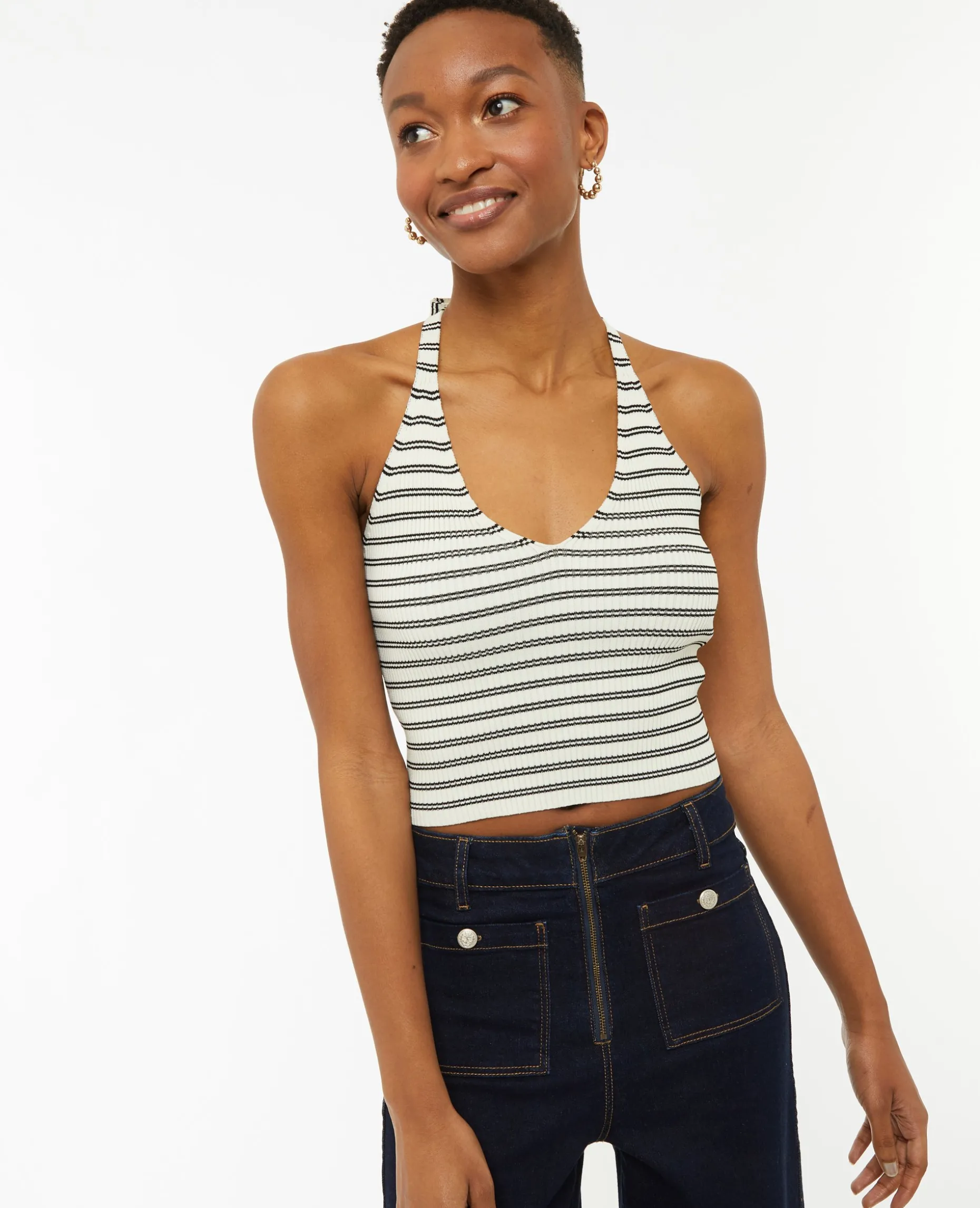 Dos-nu En Maille Tricot Rayée - Blanc