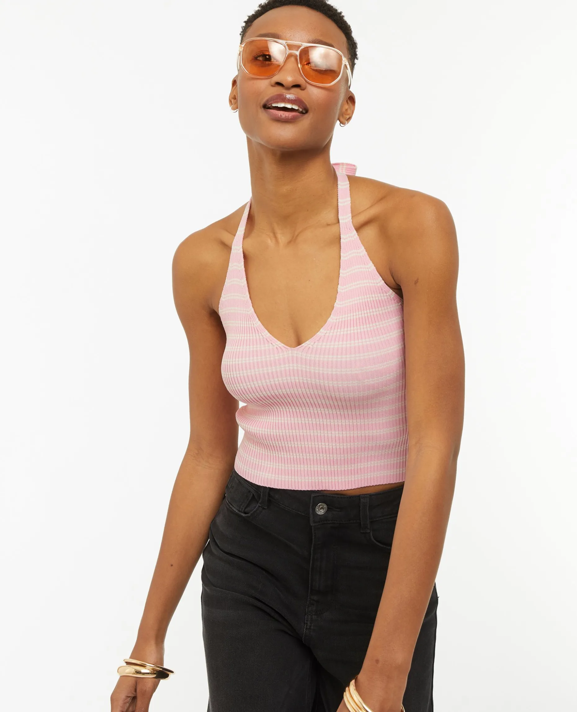 Dos-nu En Maille Tricot Rayée - Rose Clair