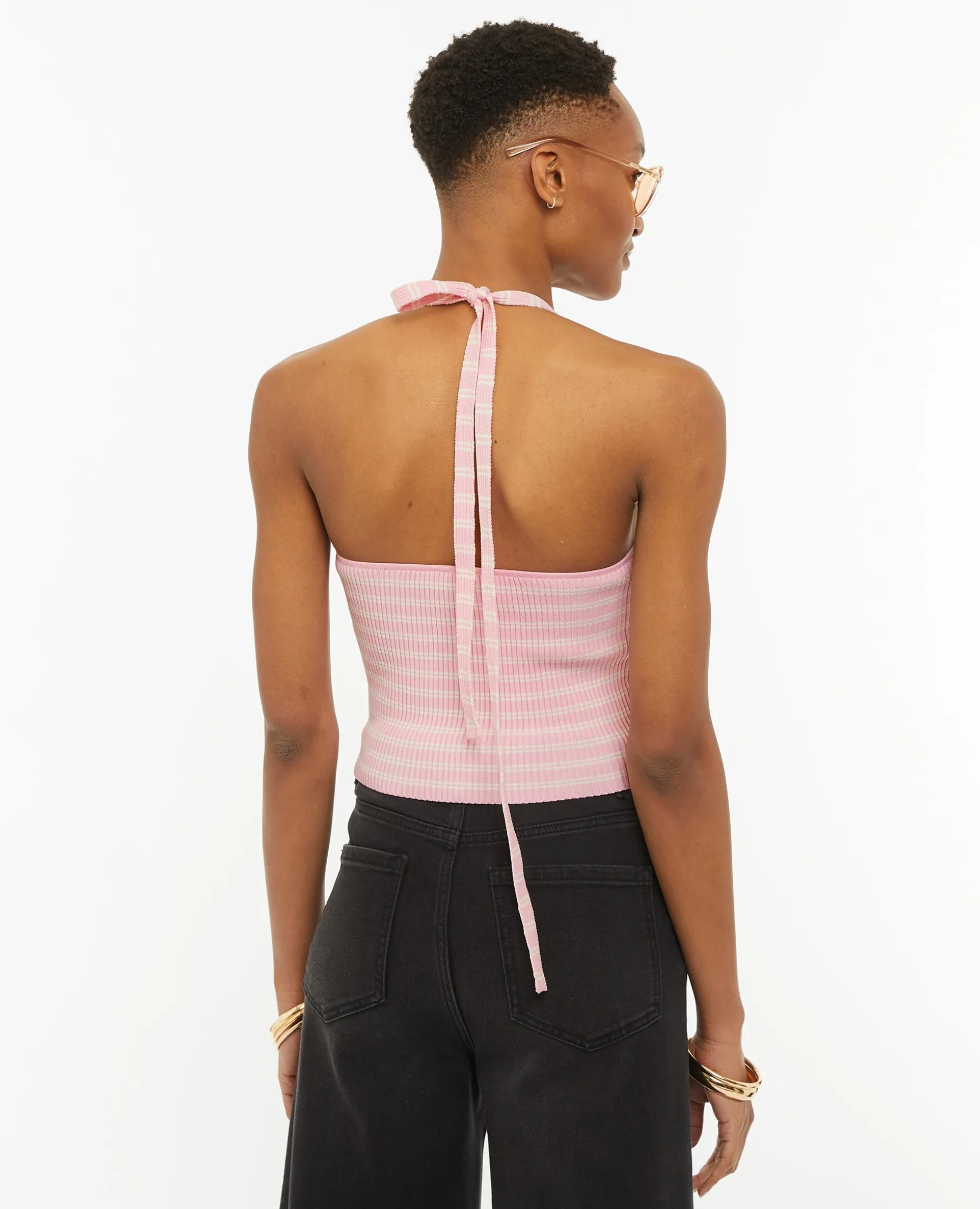 Dos-nu En Maille Tricot Rayée - Rose Clair