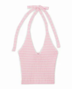Dos-nu En Maille Tricot Rayée - Rose Clair