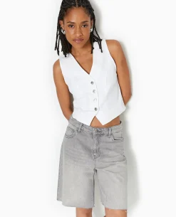 Gilet Barman En Jean Avec Boutons Métalliques - Blanc