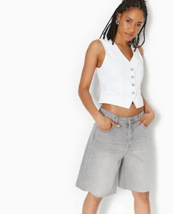 Gilet Barman En Jean Avec Boutons Métalliques - Blanc