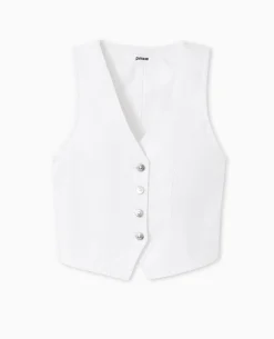 Gilet Barman En Jean Avec Boutons Métalliques - Blanc