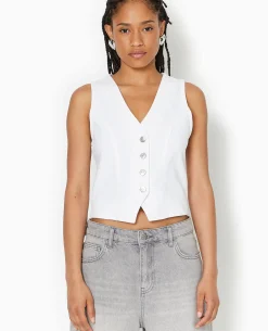 Gilet Barman En Jean Avec Boutons Métalliques - Blanc