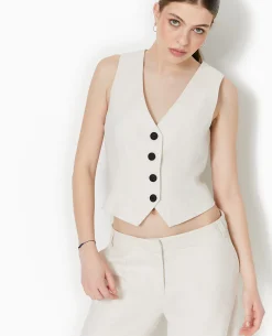 Gilet De Barman En Tissu Effet Lin Rustique - Blanc