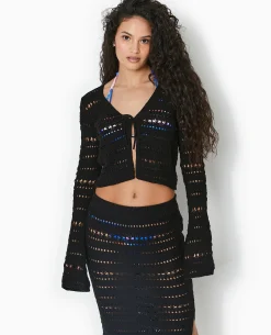Gilet En Maille Ajourée Avec Lien à Nouer - Noir