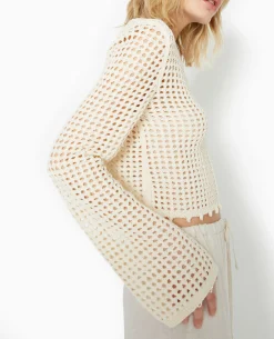 Gilet En Maille Crochet Ajourée Manches Flare - écru