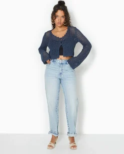 Gilet En Maille Crochet Ajourée Manches Flare - Bleu Marine