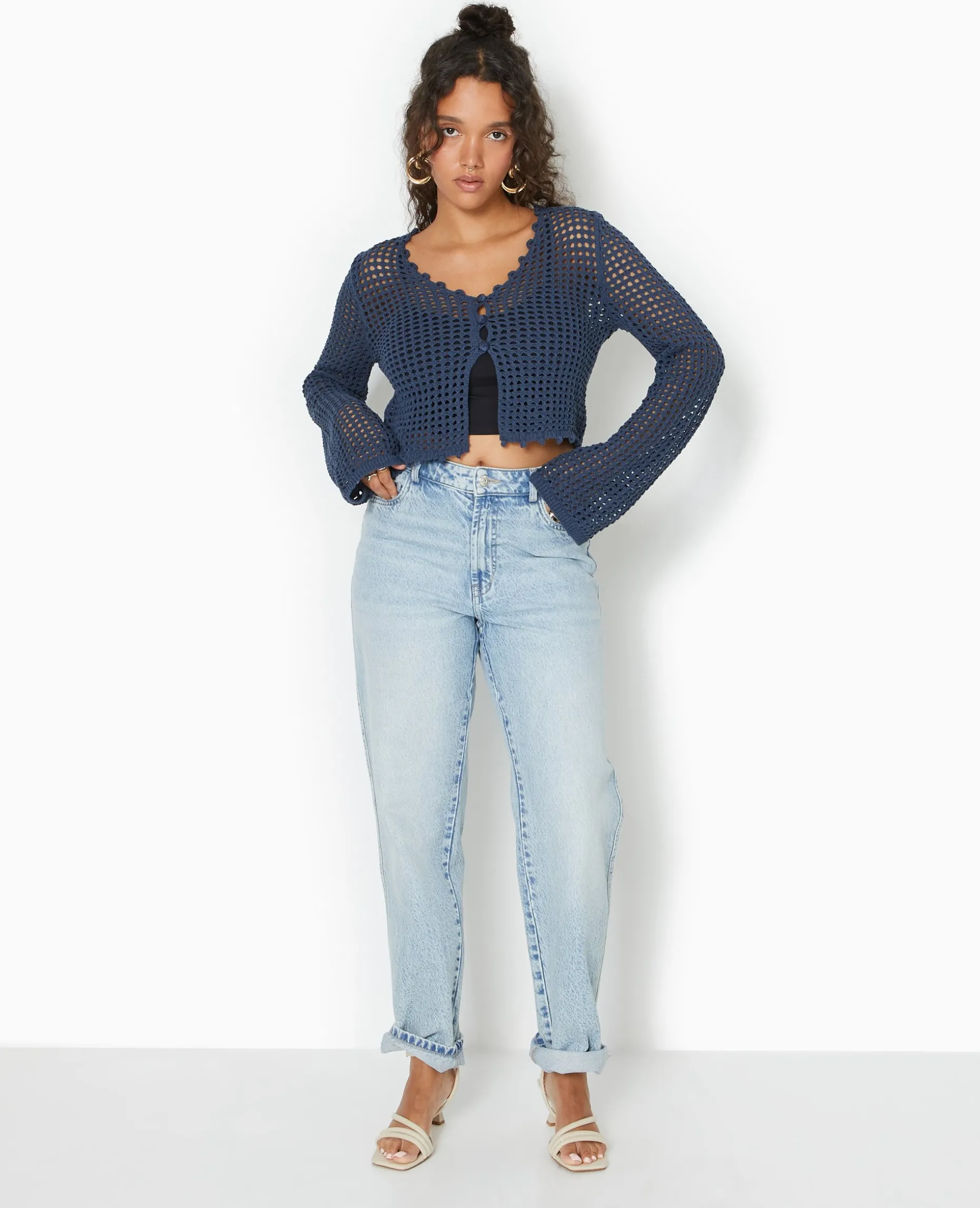 Gilet En Maille Crochet Ajourée Manches Flare - Bleu Marine