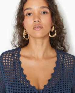 Gilet En Maille Crochet Ajourée Manches Flare - Bleu Marine