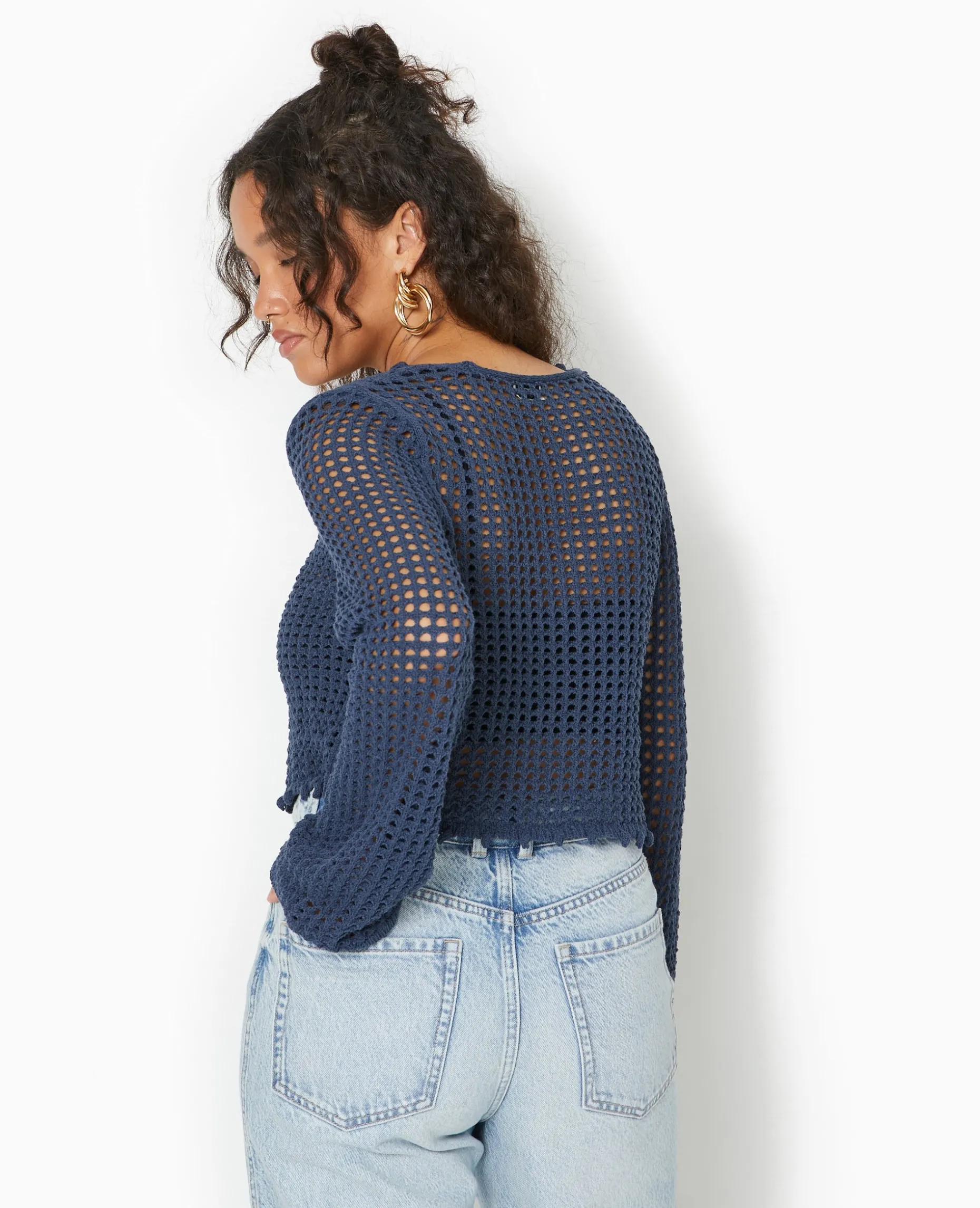 Gilet En Maille Crochet Ajourée Manches Flare - Bleu Marine