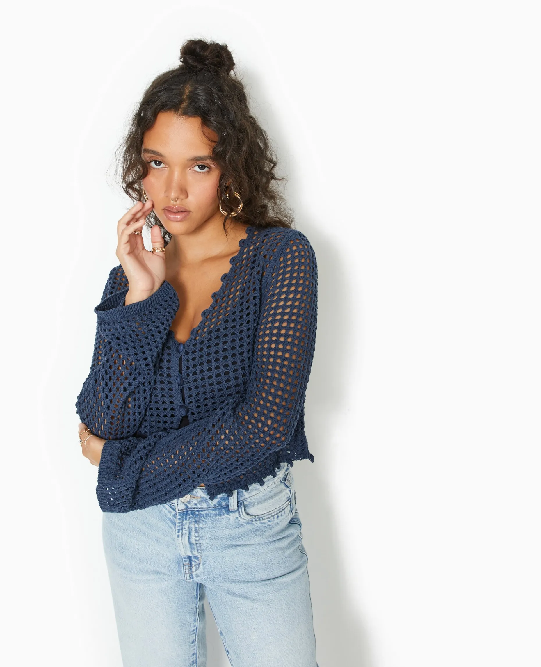Gilet En Maille Crochet Ajourée Manches Flare - Bleu Marine