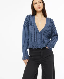 Gilet En Maille Torsadée Effet Destroy - Bleu