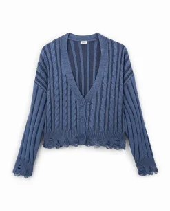 Gilet En Maille Torsadée Effet Destroy - Bleu