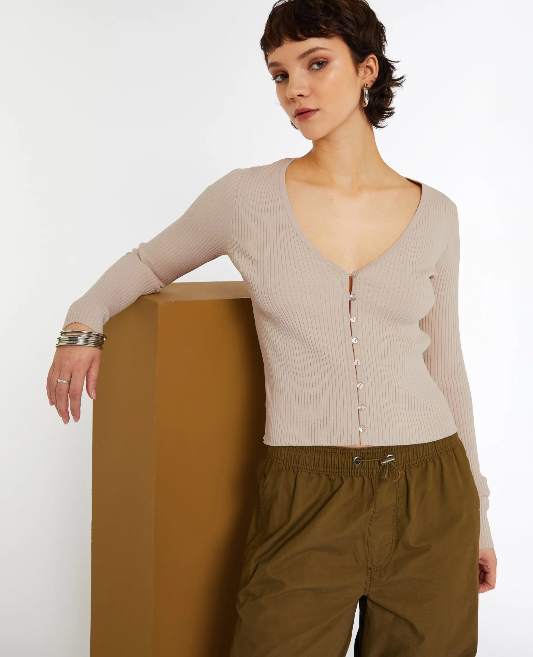 Gilet Fin En Maille Côtelée - Beige