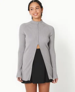 Gilet Long En Maille Côtelée Avec Col Montant - Gris