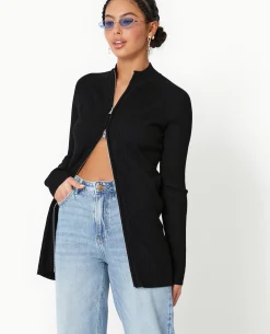 Gilet Long En Maille Côtelée Avec Col Montant - Noir
