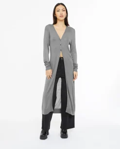 Gilet Long En Maille Fine - Gris Foncé