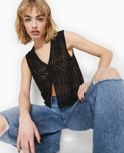 Gilet Sans Manches En Maille Fantaisie Ajourée - Noir