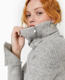 Gilet Zippé En Maille Côtelée - Gris Chiné
