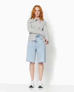 Gilet Zippé En Maille Côtelée - Gris Chiné