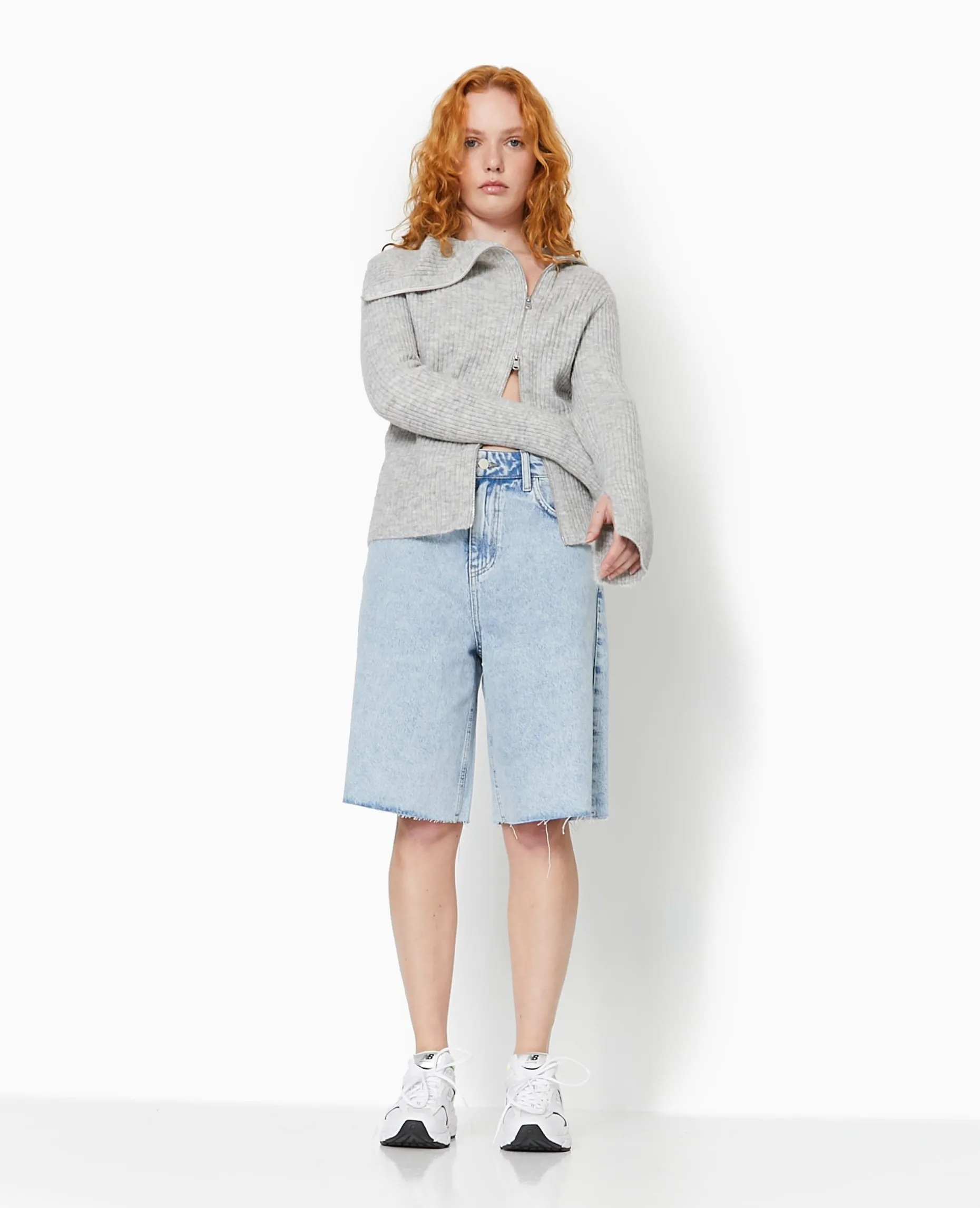 Gilet Zippé En Maille Côtelée - Gris Chiné