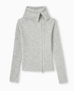 Gilet Zippé En Maille Côtelée - Gris Chiné