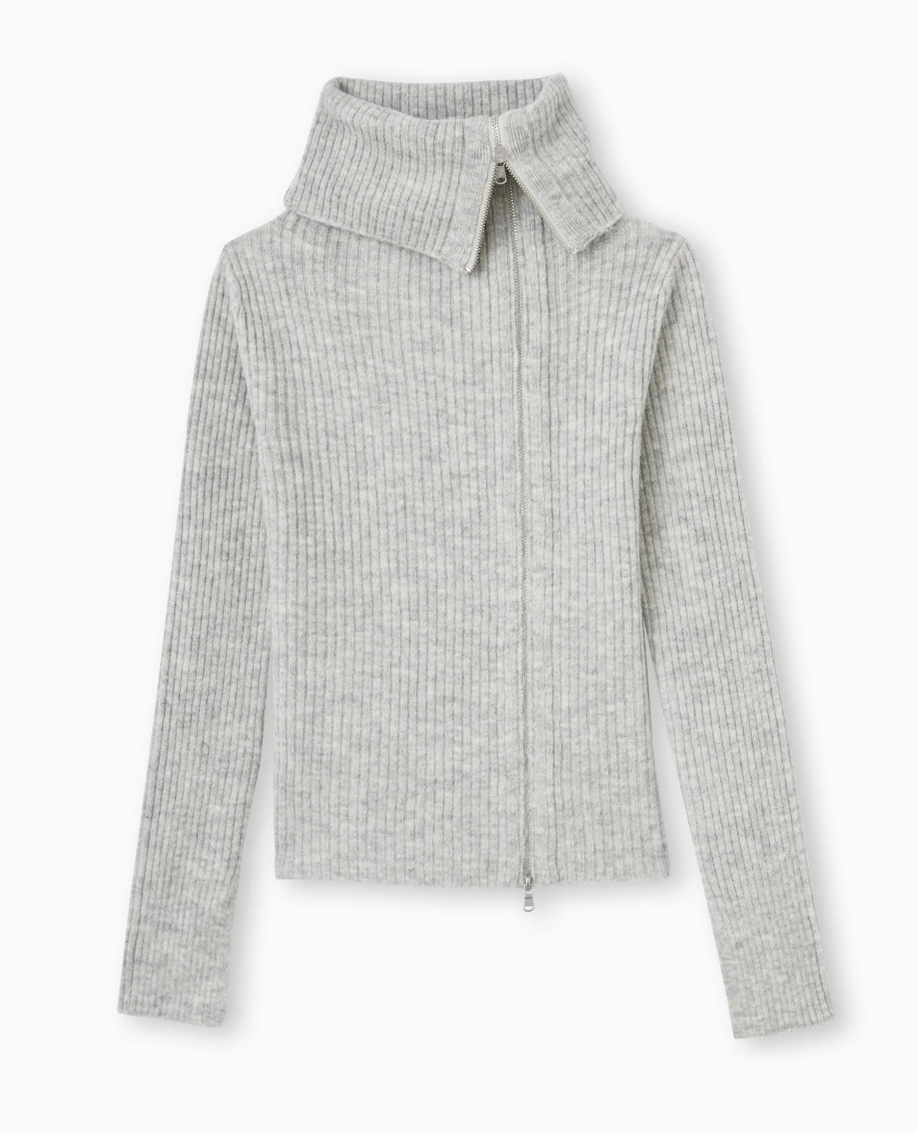 Gilet Zippé En Maille Côtelée - Gris Chiné