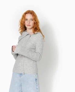 Gilet Zippé En Maille Côtelée - Gris Chiné
