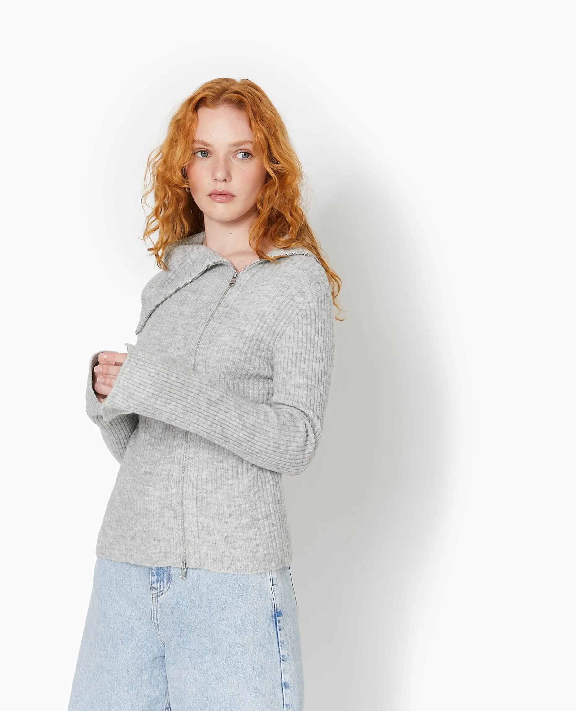 Gilet Zippé En Maille Côtelée - Gris Chiné