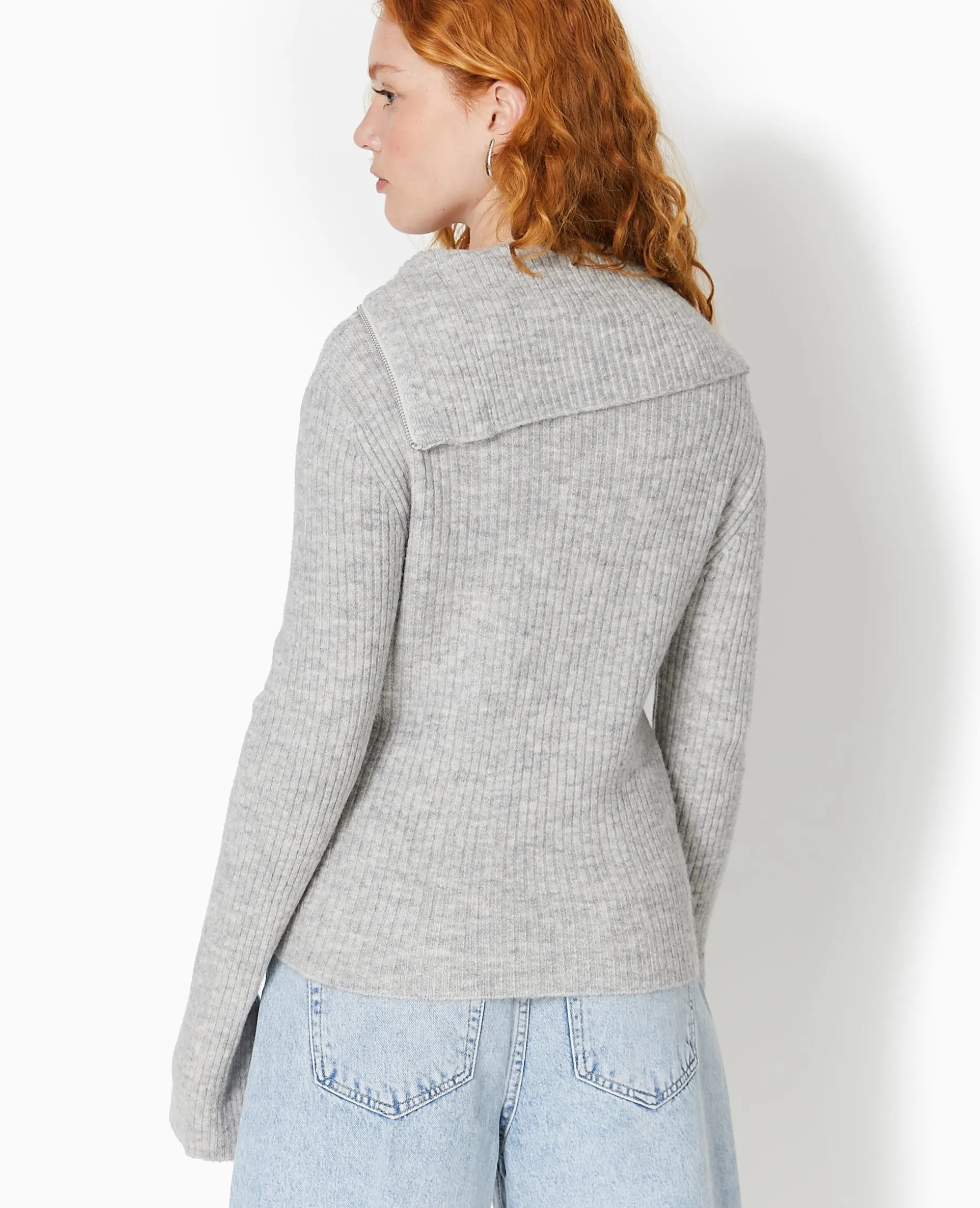 Gilet Zippé En Maille Côtelée - Gris Chiné