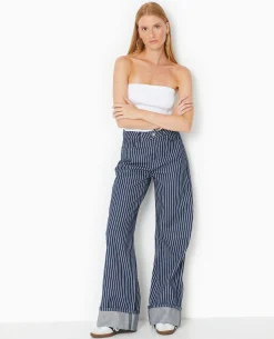 Jean Baggy Taille Haute Avec Rayures Et Revers - Bleu