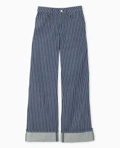 Jean Baggy Taille Haute Avec Rayures Et Revers - Bleu