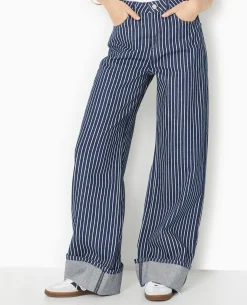 Jean Baggy Taille Haute Avec Rayures Et Revers - Bleu