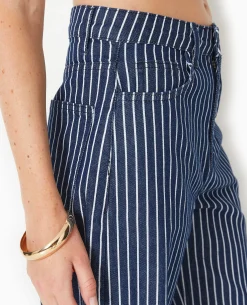 Jean Baggy Taille Haute Avec Rayures Et Revers - Bleu