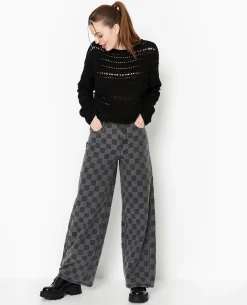 Jean Baggy Taille Haute Motif Damiers - Gris
