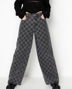 Jean Baggy Taille Haute Motif Damiers - Gris