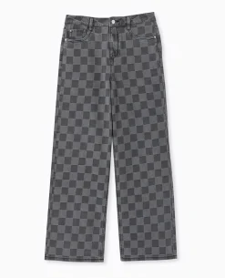 Jean Baggy Taille Haute Motif Damiers - Gris