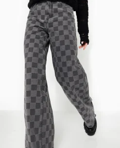Jean Baggy Taille Haute Motif Damiers - Gris