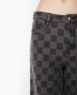 Jean Baggy Taille Haute Motif Damiers - Gris
