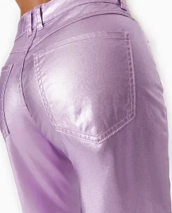 Jean Droit Rose Métallisé Taille Haute - Rose Fluo