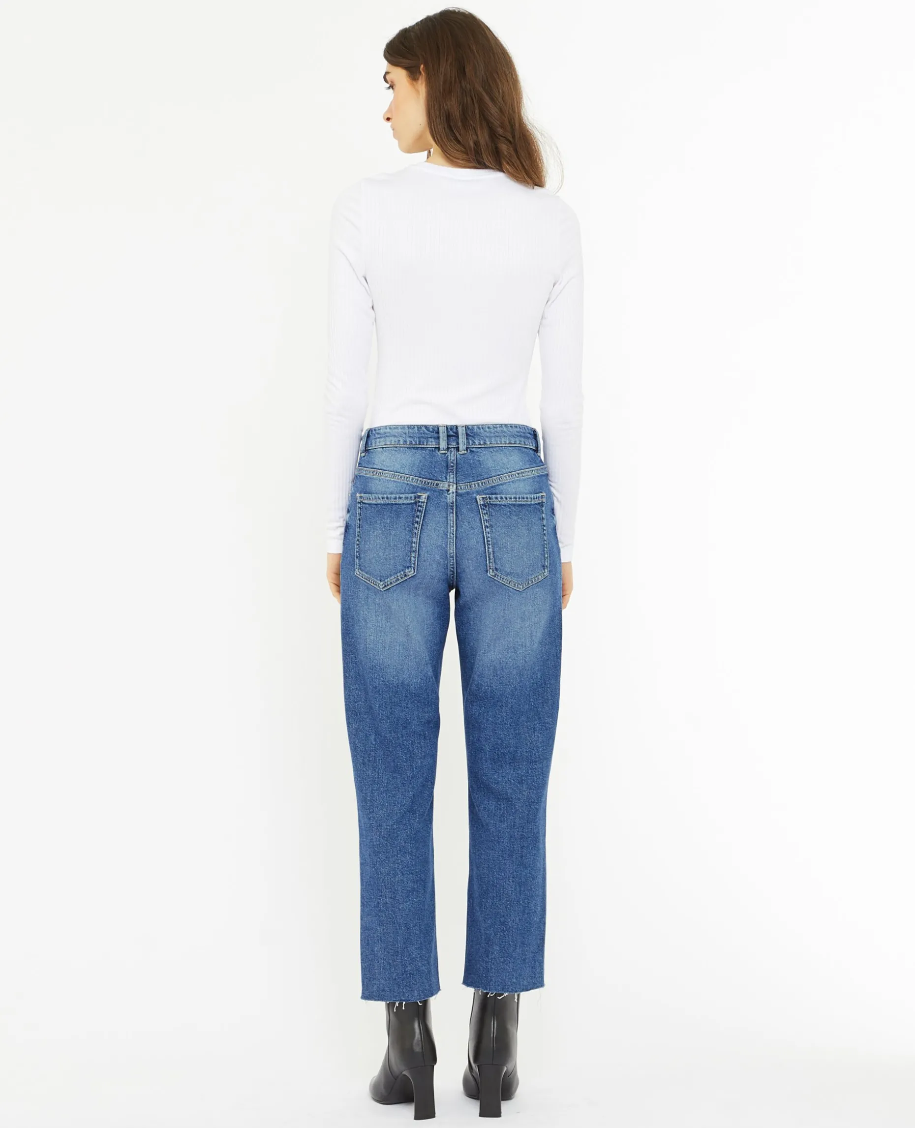 Jean Droit Taille Regular Avec Bas Effilochés - Bleu