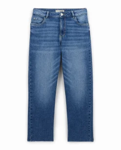 Jean Droit Taille Regular Avec Bas Effilochés - Bleu
