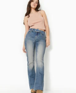 Jean Flare Taille Basse Avec Ceinture - Bleu