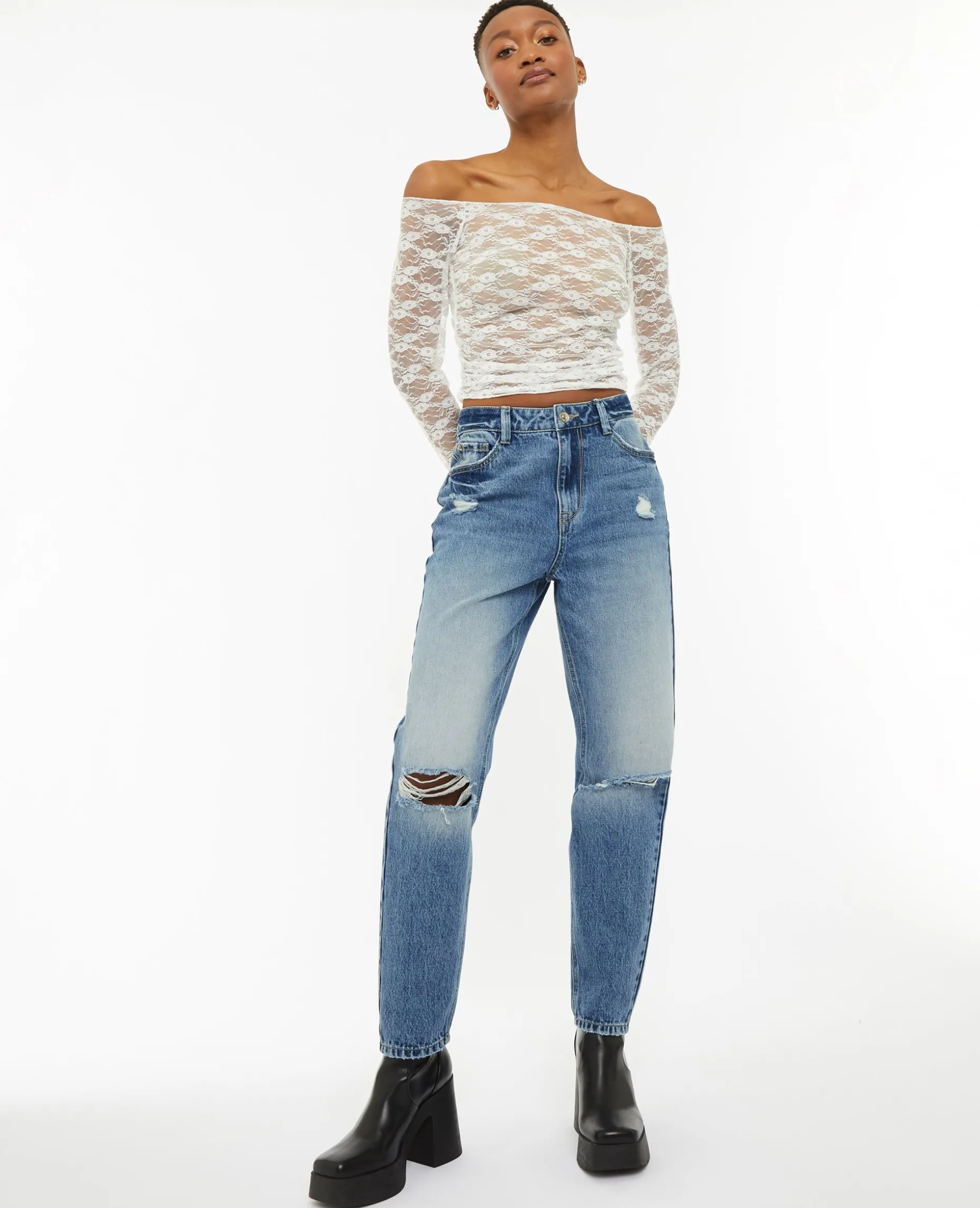 Jean Mom Taille Haute Trashé - Bleu