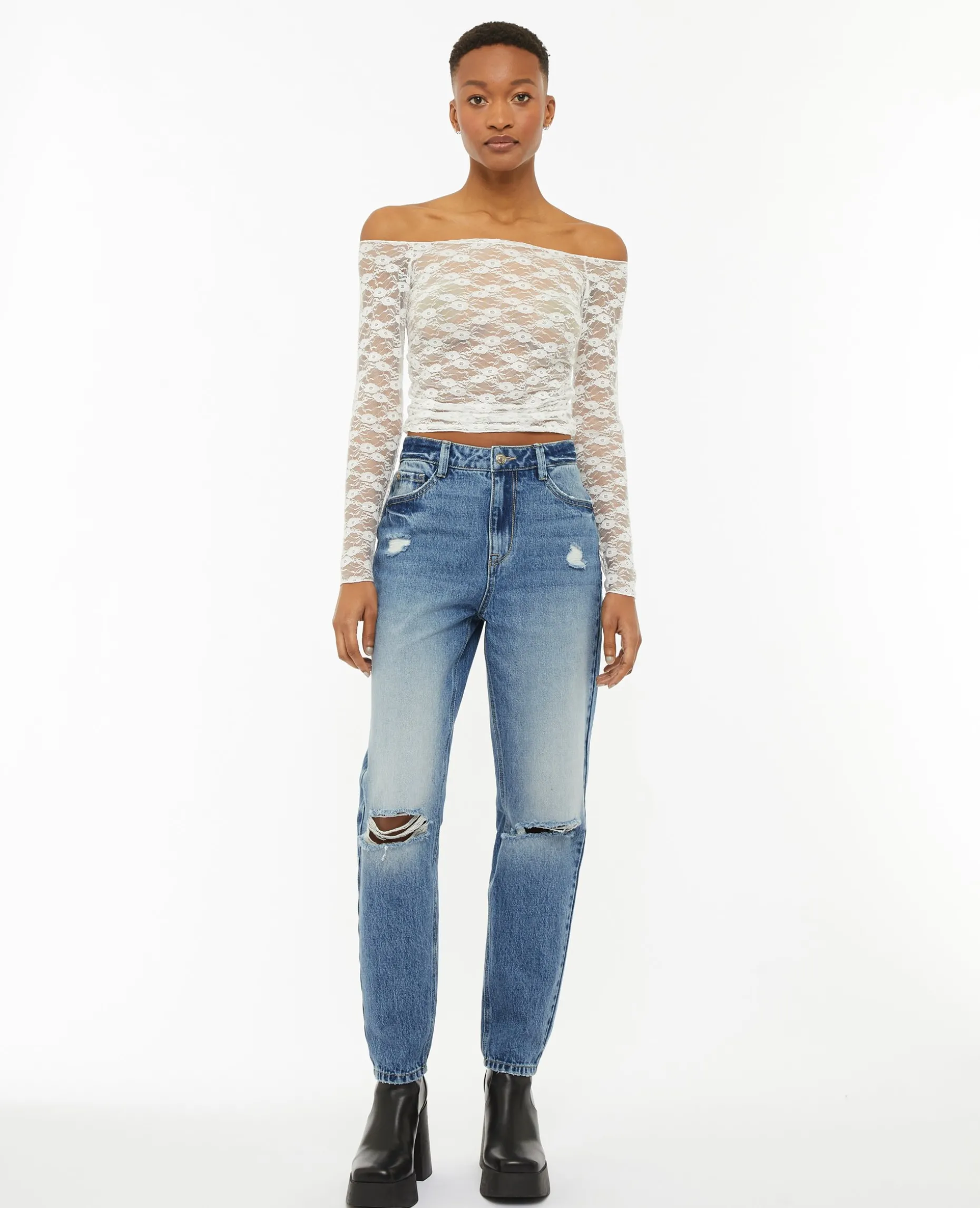 Jean Mom Taille Haute Trashé - Bleu