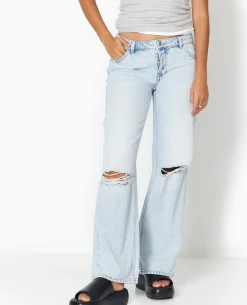 Jean Wide Taille Basse Destroy - Bleu Clair