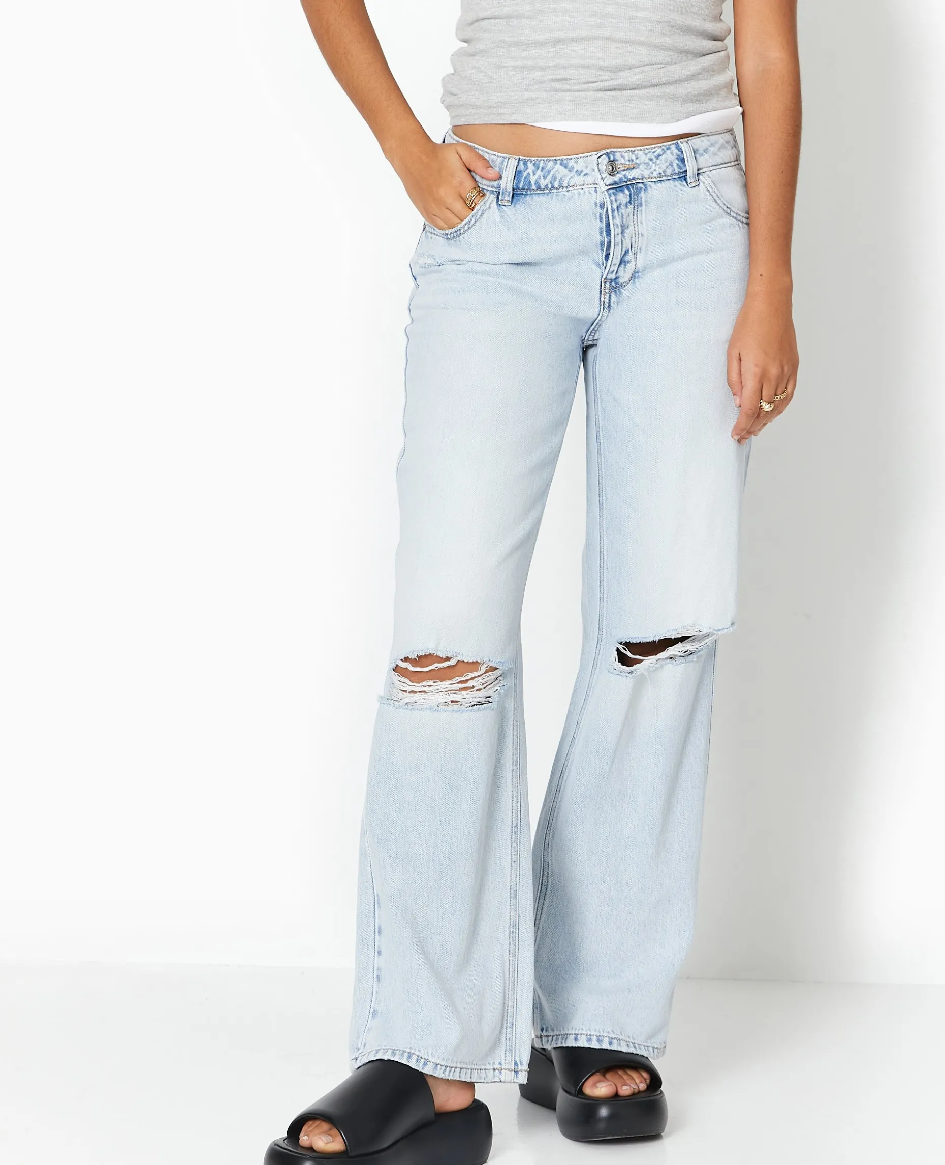 Jean Wide Taille Basse Destroy - Bleu Clair